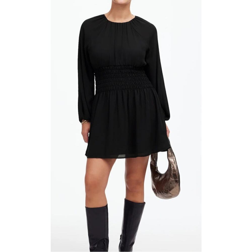 Madewell Dress Smocked Bubble Long Sleeve  Mini Peasant Chiffon True Black NWT S